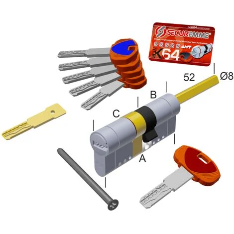 SECUREMME K20Q4530 CILINDRO SAGOMATO CODOLO RASABILE K2 45 x 30 = 75 mm CHIAVE PUNZONATA CIFRATURA KD CROMO SATINATO