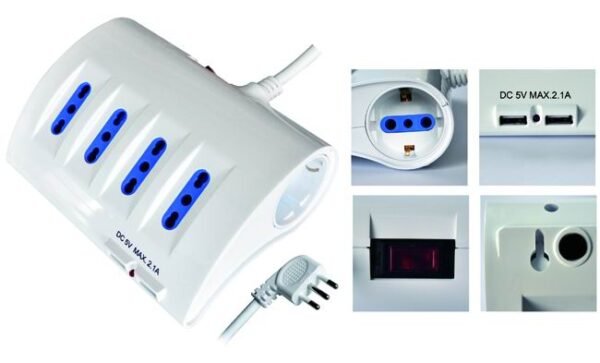 MULTIPRESA 8 PRESE +STOP SCHUKO+BIPASSO+USB SPINA 16A