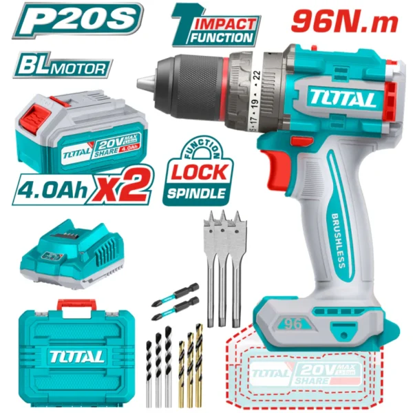 TRAPANO AVVITATORE A PERCUSSIONE 20V 96NM +2 BATTERIE